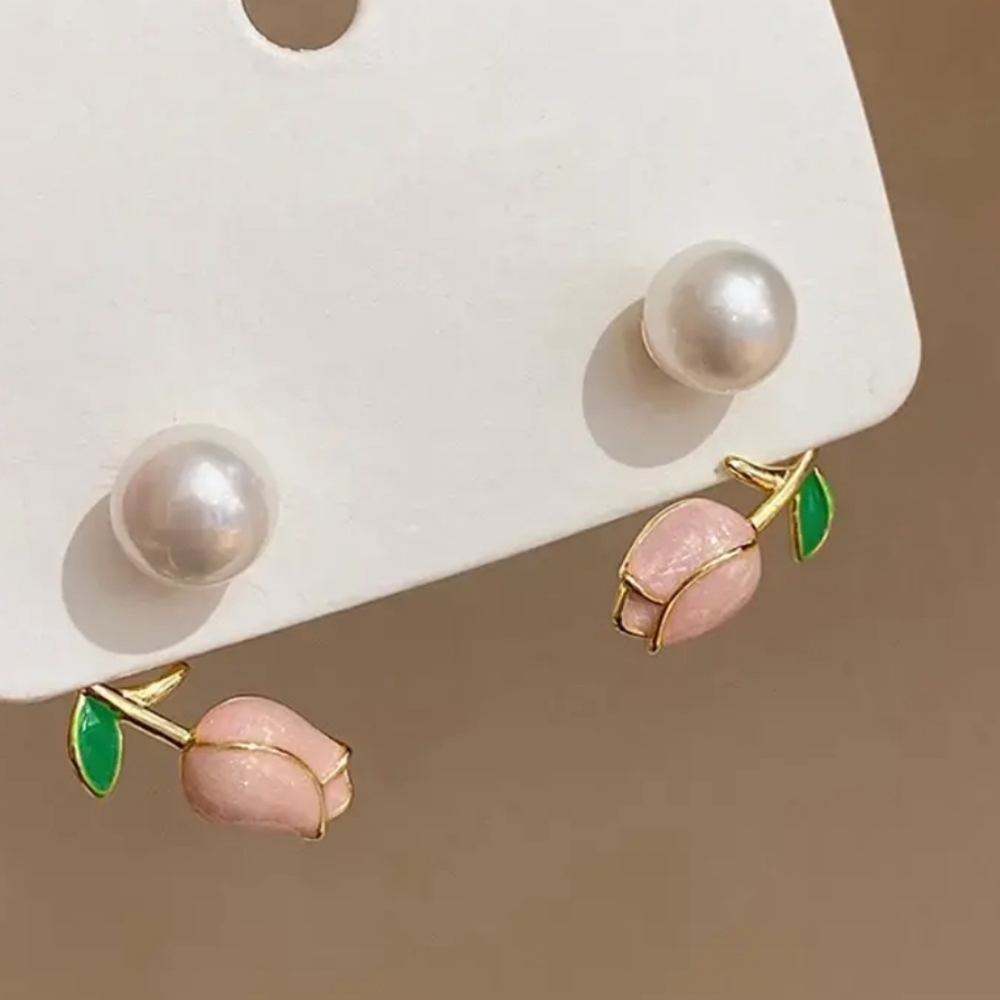 Pink Tulip Flower Faux Pearl Stud Whimsical Earrings